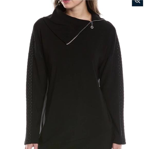 NWT Joseph Ribkoff Black Tunic Dress 14 Asymmetrical Zip Neck Embellished Sleeve - Picture 1 of 8